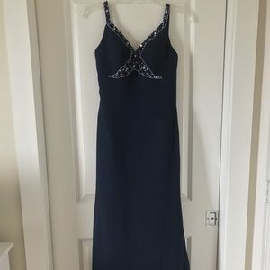 Navy blue backless, embellished evening gown